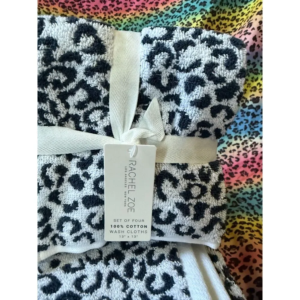 Rachel Zoe reversable Leopard Print Bath Towel Set NWT 100% Cotton Black White